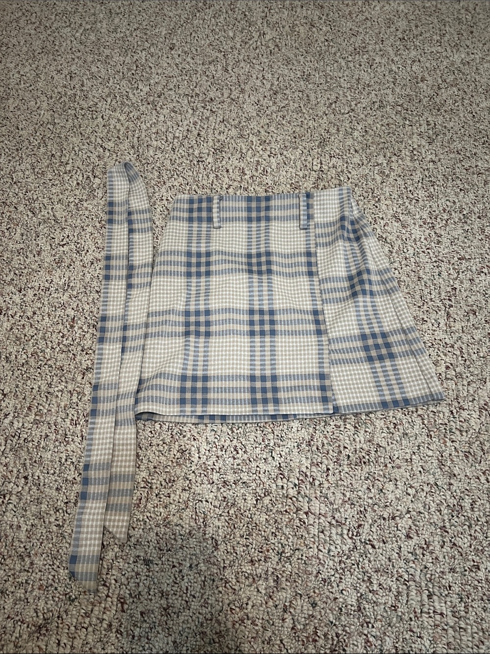 LOFT Blue and Cream Plaid Tie-Waist Mini Skirt